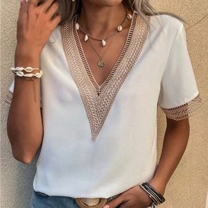 🛍️ White v neck embellished lace short sleeve shirt